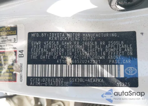 2007 Toyota Avalon Limited из США, поврежденный, VIN 4T1BK36B57U242391